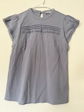 Oasis Pintuck Lace-Trim Cap Sleeve Top - Dusty Blue Gray